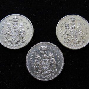 LOT OF THREE CANADIAN FIFTY CENT COINS. 1975 X2.  1978 X 1.  CIRCULATED.